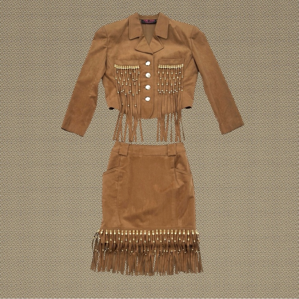 Japanese Designer Yuki Torii Tan Faux Suede Gold Bead Fringe Jacket Skirt Set